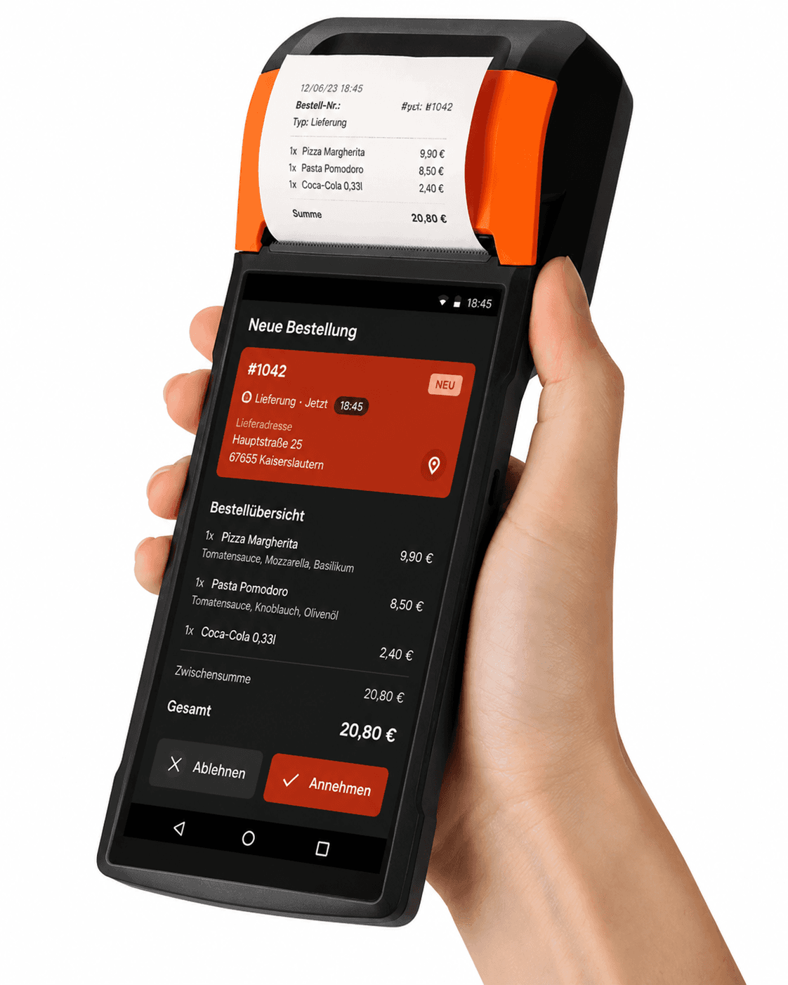 Sunmi-V2-Bestellterminal in der Hand: Auf dem Display läuft eine neue Bestellung ein, die per Knopfdruck angenommen oder abgelehnt wird. Oben druckt das Gerät den Bon dazu aus.